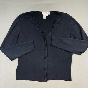 Joseph A‎ Black Knit Cardigan Women's Large Embroidered V-Neck Button Sweater